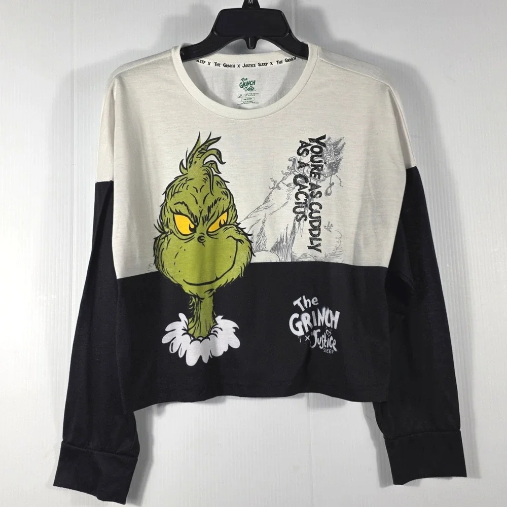 Justice Sleep The Grinch Long Sleeve Pajama Top White Black Girls Large Plus 12P